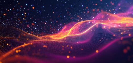 Abstract glowing mesh wave landscape in vibrant purple and orange with floating light particles and a starry background creating a futuristic digital atmosphere