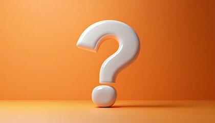 Large glossy white question mark standing upright on an orange surface with a matching orange background, evoking curiosity and inquiry