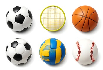 Sports Equipment Isolated on White Soccer Basketball Baseball