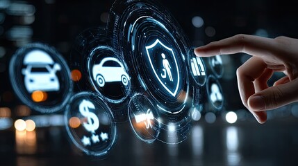 A hand interacts with digital icons representing security, finance, and transportation in a tech environment.