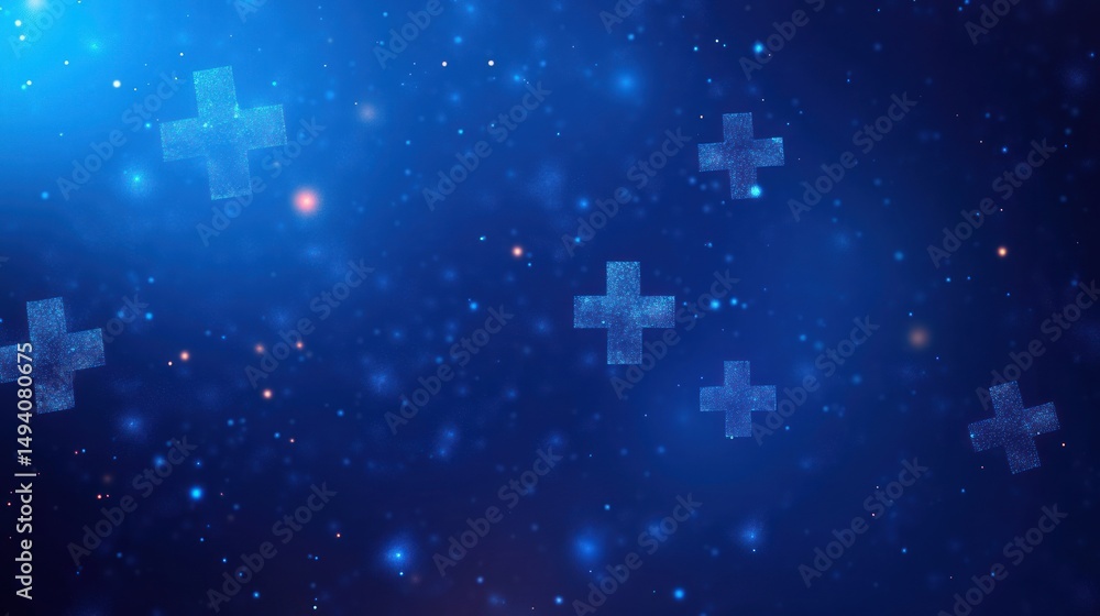Poster blue glowing plus signs floating in a dark blue starry background creating a futuristic and calming 