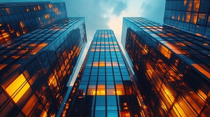 Upward view of modern glass skyscrapers at dusk with illuminated interior lights reflecting warm orange glows against cool blue sky, evoking a sense of urban energy and modernity