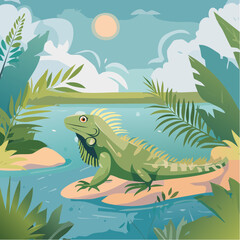 Vector Cartoon Image of Everglades Swamp Critters Amidst Tropical Foliage: Iguana