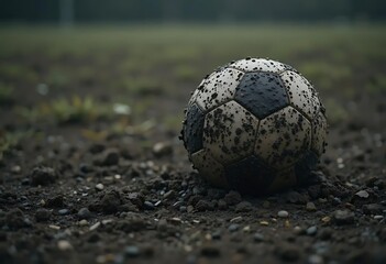Dirty Soccer Ball Resting on Muddy Field After Game
