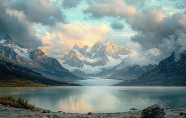 Serene mountain lake with snow-capped peaks under dramatic cloudy sky at sunset