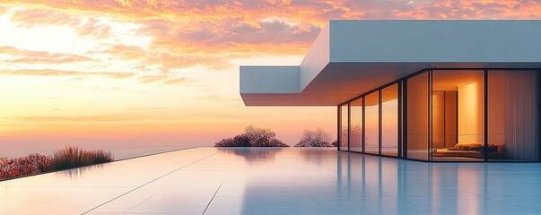 Fototapeta premium Modern minimalist house with large glass walls beside a reflective tiled patio during a colorful sunset with soft clouds and distant vegetation