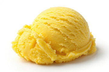 Creamy yellow ice cream scoop with smooth texture and vibrant color on white background.