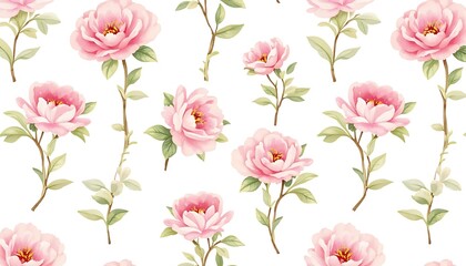 Obraz premium Floral Pattern with Pink Flowers and Green Leaves on White