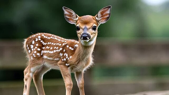 A close-up portrait of a young deer with brown and white spotted fur stands in front of a wooden fence against a blurred green background. The animal looks directly at the camera.