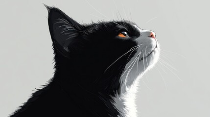 Artistic rendering of a tuxedo cat gazing upwards with attentive focus