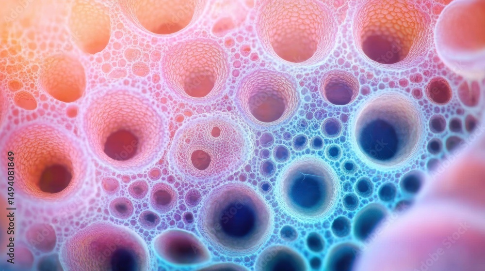 Poster colorful macro close-up of numerous overlapping circular foam bubbles with gradient pink, orange, an