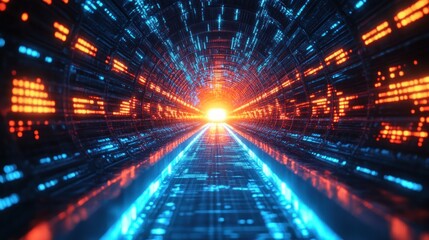 Fototapeta premium Futuristic digital tunnel with glowing blue and orange LED lights converging at a bright central point creating a high-tech immersive corridor