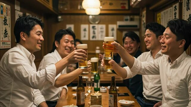 居酒屋の個室で、ビールで乾杯するビジネスマンのグループ