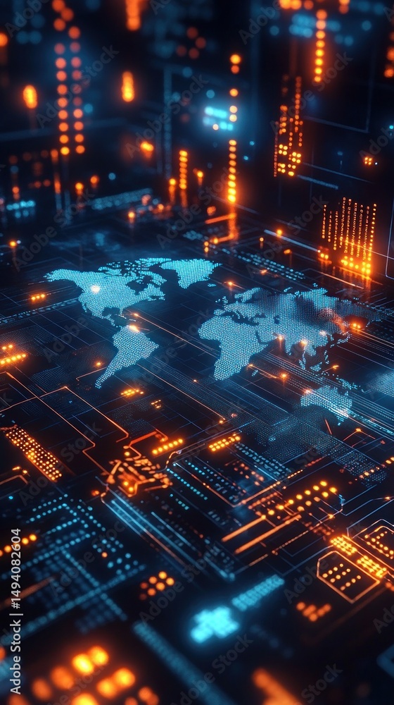 Poster digital 3d world map projection on a glowing futuristic circuit board with orange and blue data poin