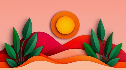 Abstract Layered Papercut Landscape with Red Hills Green Leaves and