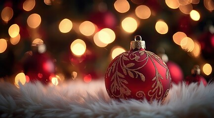 Obraz premium Red Christmas ornaments with golden glitter details resting on soft white fur with warm glowing bokeh lights in the background creating a cozy festive atmosphere