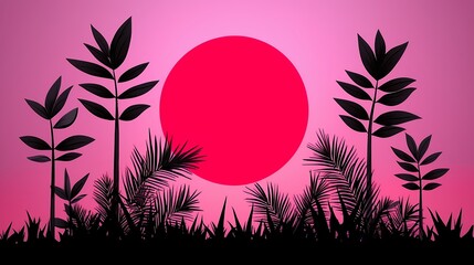 Pink Sunset Silhouette Minimalist Plant Scene