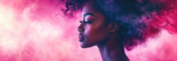 Profile portrait of a serene young woman with closed eyes surrounded by colorful pink and purple smoke creating a dreamy atmosphere