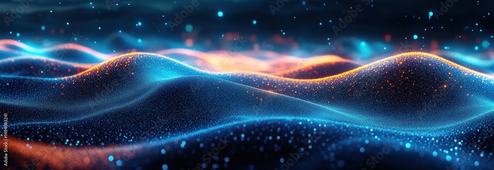 Poster abstract glowing digital wave landscape with vibrant blue and orange particles creating flowing patt