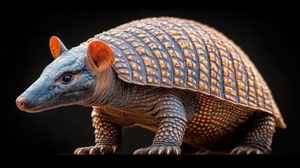 Fototapeta premium close-up of an armadillo with detailed textured armor-like shell and small pointed ears against dark background