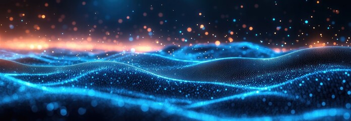 Abstract digital landscape of glowing blue waveforms with small particle lights floating above, evoking futuristic and technological atmosphere