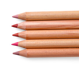 Obraz premium Different lip pencils isolated on white, top view