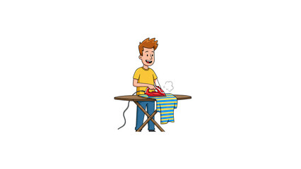 Cartoon man ironing clothes at home vector illustration and domestic chores activity concept design on transparent background
