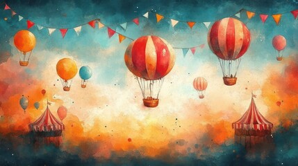 Obraz premium Colorful hot air balloons floating over a festive carnival scene with tents and triangular bunting under a dreamy sky