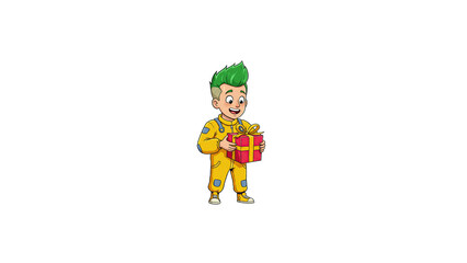 Cartoon boy with green hair holding a gift box illustration for birthday or holiday celebration design on transparent background