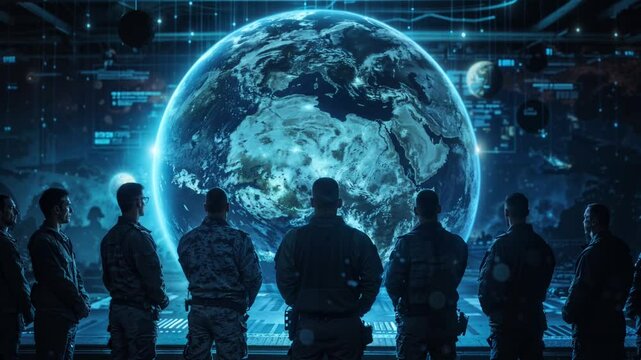 Military personnel silhouettes viewing holographic Earth display in command center. Futuristic tactical operations room animation with global monitoring system with Europe, Africa, Middle East in blue - Powered by Adobe