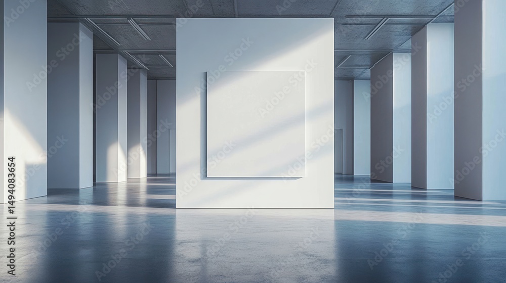 Poster empty modern interior space with large white pillar featuring geometric panels illuminated by natura