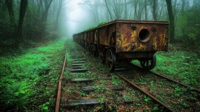 Abandoned rusty train cars sit on tracks in foggy woods