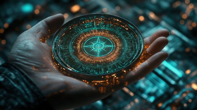 Hand holding a futuristic digital compass with glowing blue and orange holographic interface and intricate circular data patterns