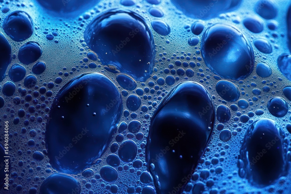 Poster close-up view of various sized blue liquid bubbles clustered together on a smooth surface creating a