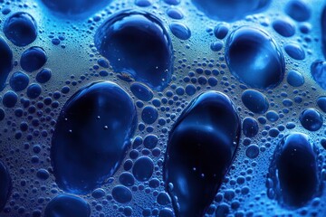 Close-up view of various sized blue liquid bubbles clustered together on a smooth surface creating a textured abstract pattern