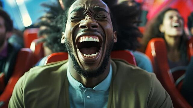 Close-up of a person screaming on a rollercoaster ride with a mix of emotions and enjoyment. People's faces in background shows enjoyment. Cinematic lighting with motion blur.