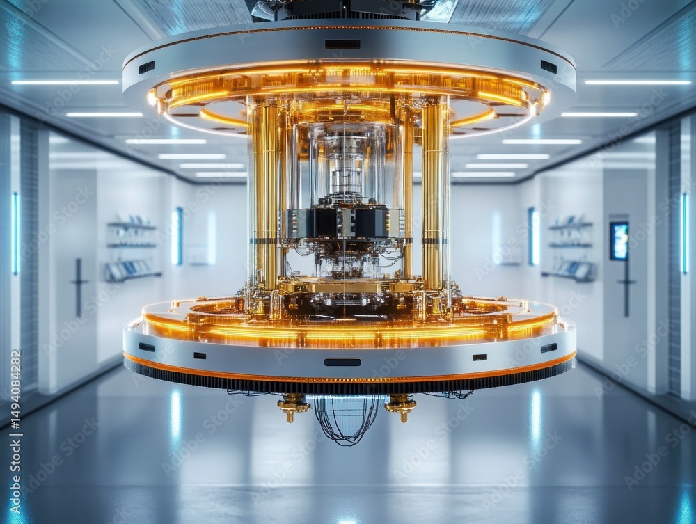 Poster advanced futuristic machine or quantum computer component with glowing orange circular elements in a