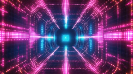Glowing digital tunnel with bright pink and blue neon lights forming a futuristic grid pattern, conveying a sense of depth and high-tech immersion