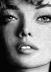 Close-up black and white halftone illustration of a woman's face showing detailed eyes, eyebrows, nose, and slightly parted lips with a neutral expression