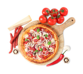 Tasty pizza with smoked sausages and ingredients isolated on white, top view