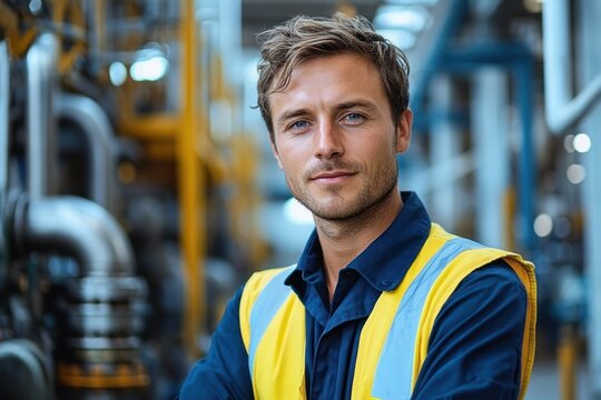 confident young man wearing yellow safety vest and blue shirt standing in industrial facility with machinery in background