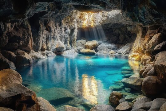 Beautiful Underground Cave with Calm Water Reflecting Rugged Rock Walls ...