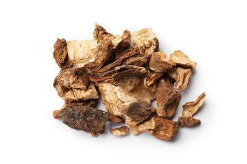 Pile of dry chicory roots isolated on white, top view