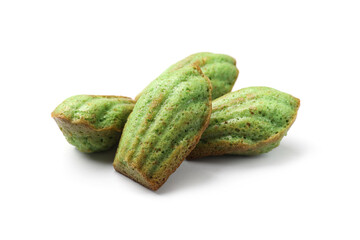 Tasty matcha madeleine cakes isolated on white
