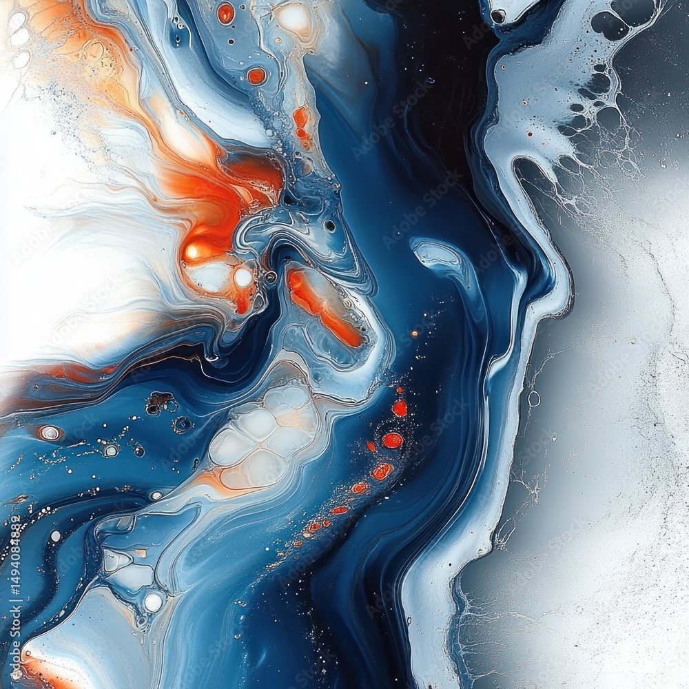 Aufkleber abstract fluid art with swirling patterns of blue, white, and orange creating a dynamic and energeti