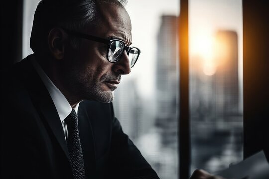 middle-aged man in suit and glasses focused on reading a document with city skyline and sunset background through window