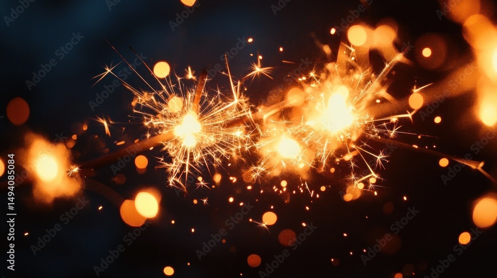 Aufkleber close-up of bright golden sparklers sparkling against a dark background creating warm festive lights