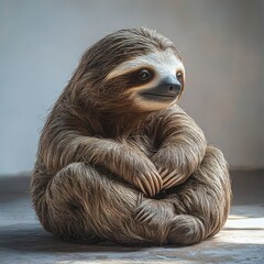 Close-up of a relaxed sloth sitting with arms crossed and a slight smile in soft natural light