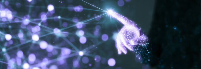 Hand holding glowing data visualization in a modern office setting