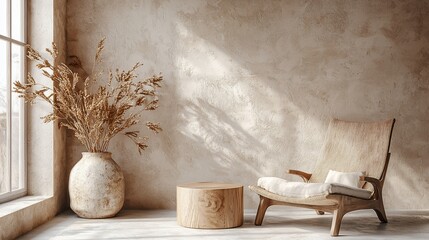 Sunlit room with wooden chair, side table, and dried flowers in a vase